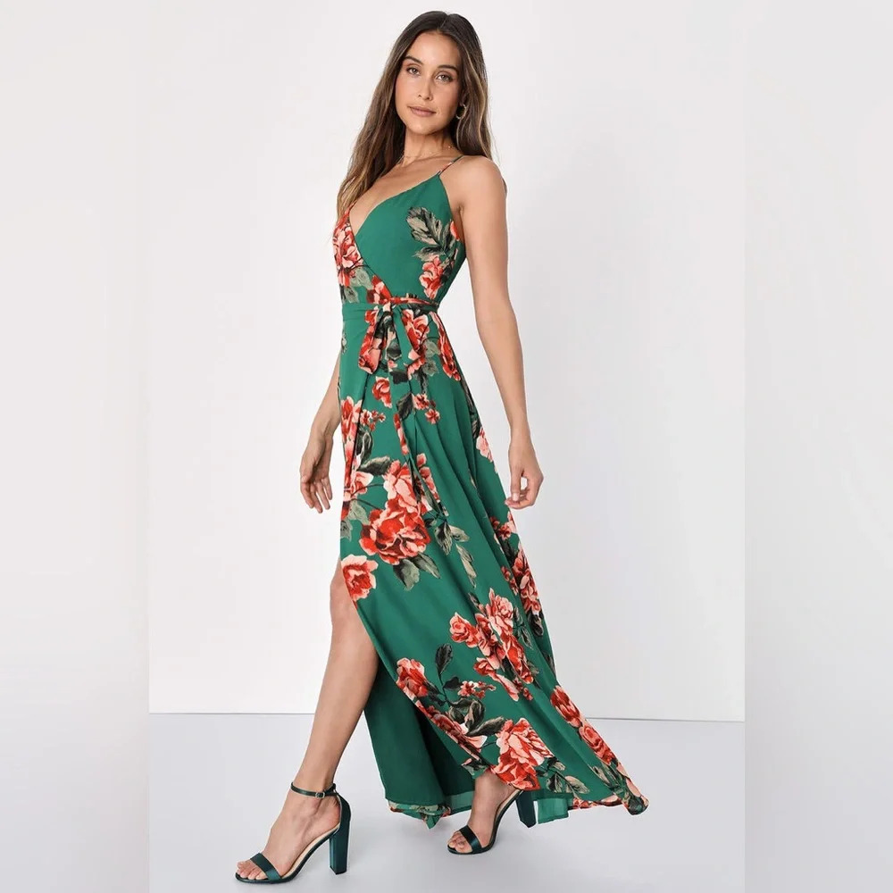 LuLu’s Floral Flirtation Dark Green Floral Print Wrap Maxi Dress- Size XL